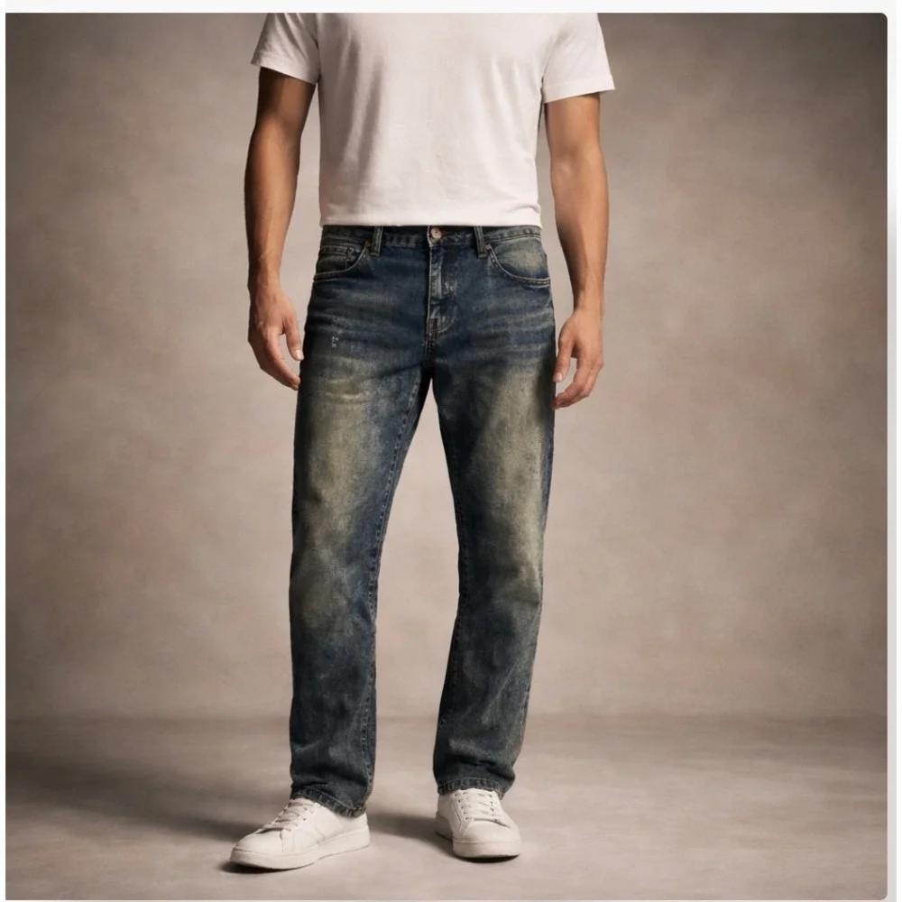 Benjamin Black Mens Jeans 38x32 Acid Wash Distressed‎ Moto Denim Flap Pocket